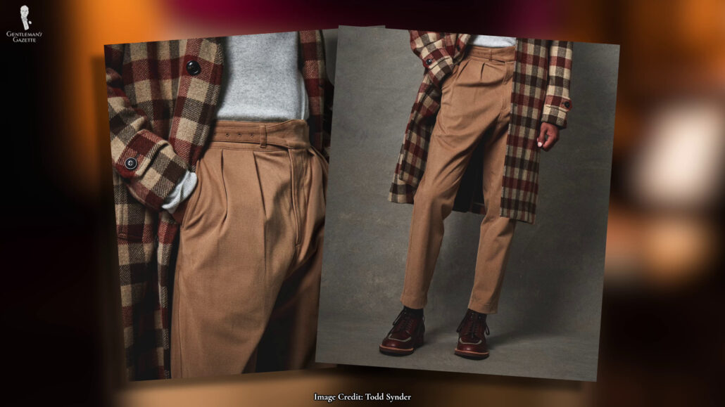 Cotton Gurkha trousers in khaki with a double-pleated front.[Image credit: Todd Synder]