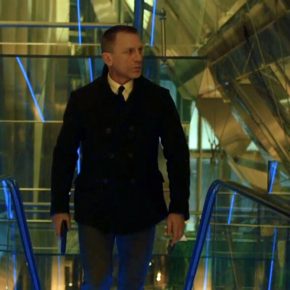 Daniel Craig as James Bond wears a Billy Reid peacoat in Skyfall