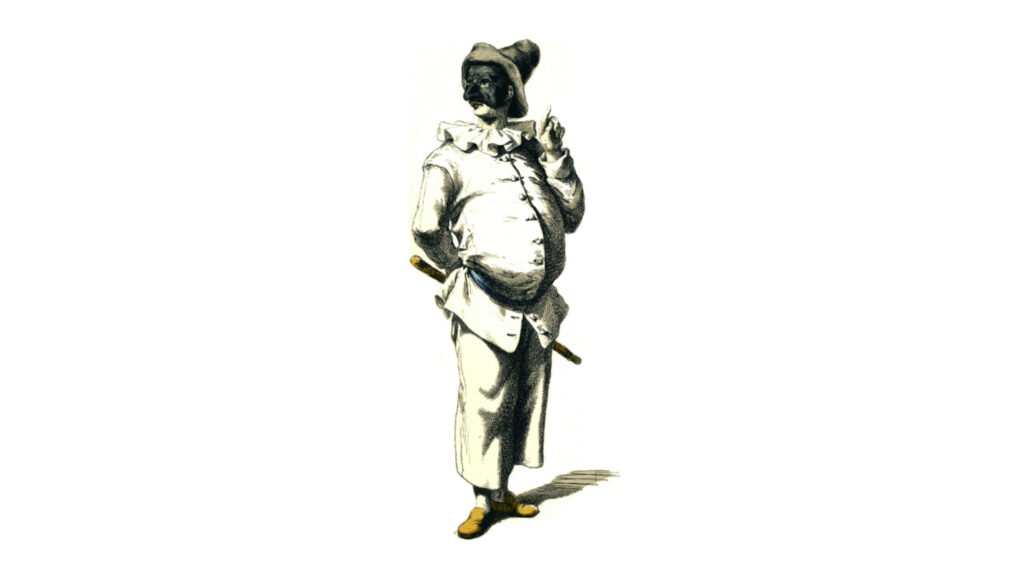 La Pulcinella is in an all-white suit with a brown hat and yellow shoes.