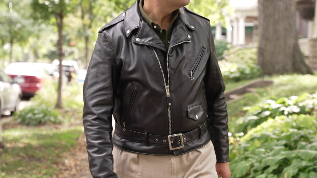 Raphael sporting a Schott black leather jacket.