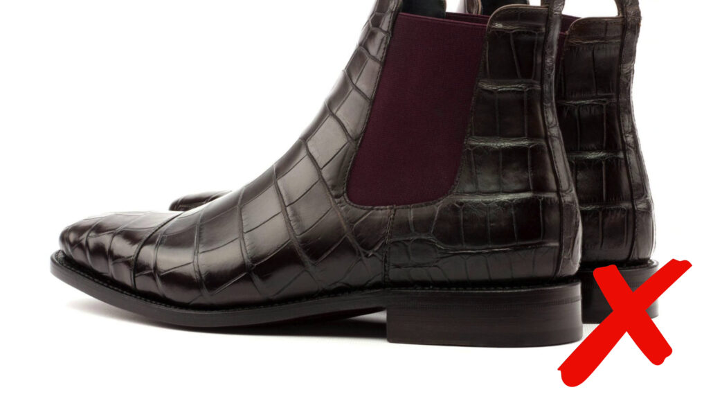 Avoid wearing this type of shoe - a dark brown Chisel toe alligator Chelsea boots
