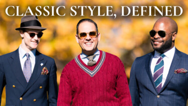 Preston, Raphael, and Kyle stroll outdoors amid autumn leaves, each wearing a classically styled outfit
