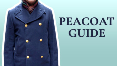 Raphael wearing his US Navy peacoat with a double-sided scarf from Fort Belvedere; text reads, "Peacoat Guide"