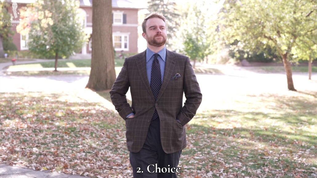 Nathan in a brown checks-plaid sport jacket, blue dress shirt,navy blue polka dots necktie , and navy blue silk poscket square.