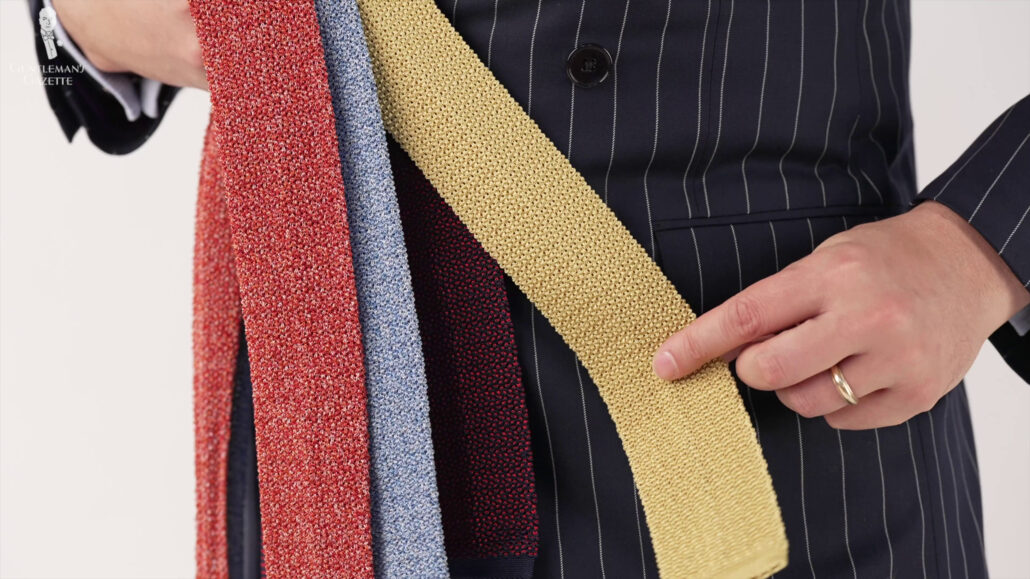 Variations of warm-tone colors add an accent to any suited outfit. Knit Ties by Fort Belvedere