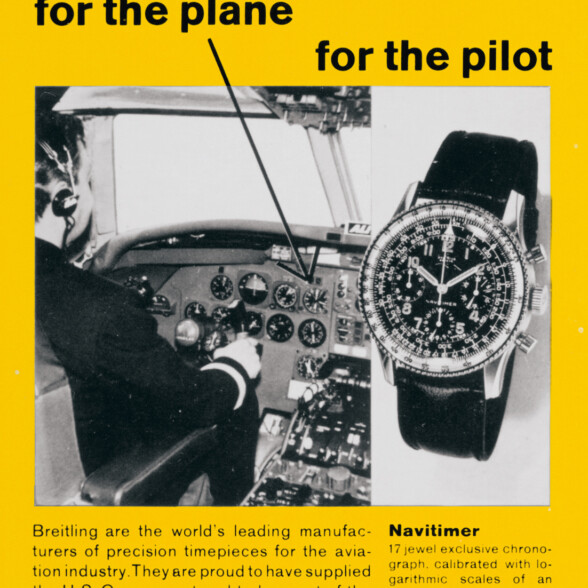 A vintage advertisement from Breitling showcasing the significance of the chronograph for pilots