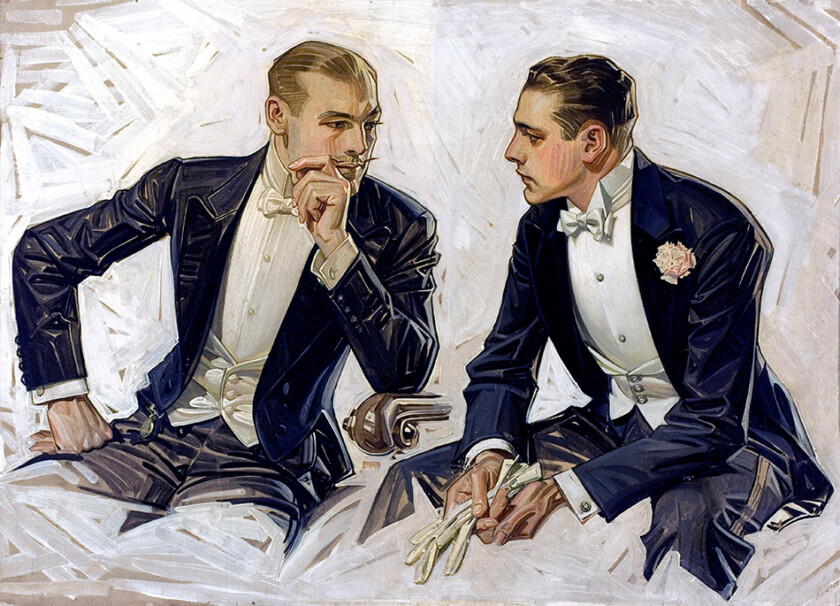An illustration of two men in White Tie chatting