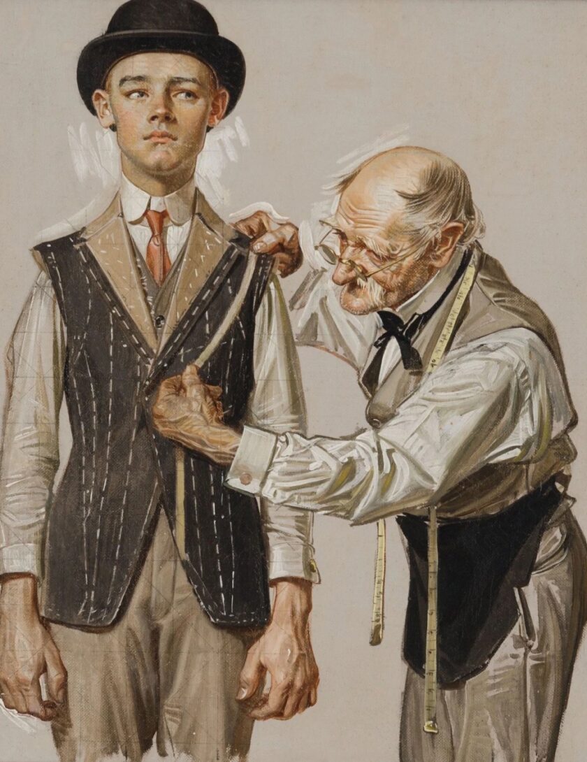 Illustration of a boy being fitted for a suit 