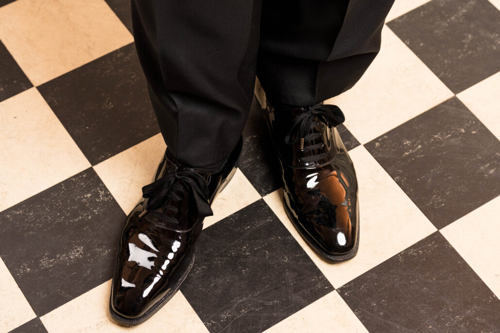 Photo of patent leather oxfords with formal socks