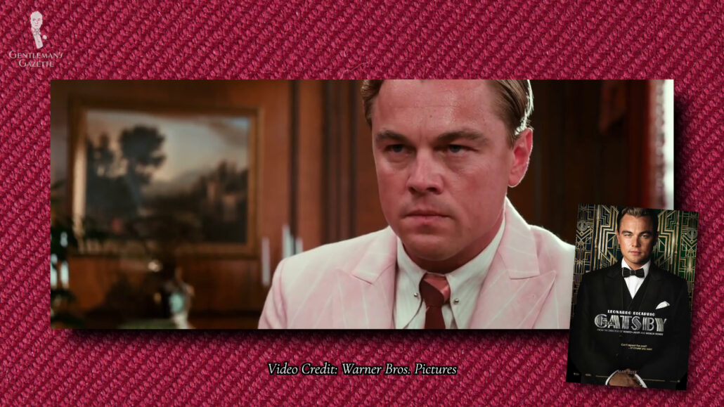 Leondardo DeCaprio in his infamous pink suit in the Great Gatsby movie.