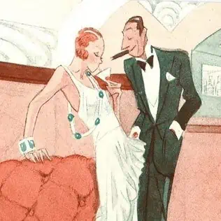 Illustration of a man in Black Tie talking with a standing lady