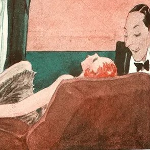 Illustration of a man in Black Tie chatting with a seated lady