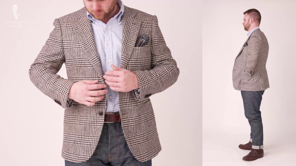 Nathan looks dapper in a smart casual checkered sports jacket with a matching light blue dress shirt.