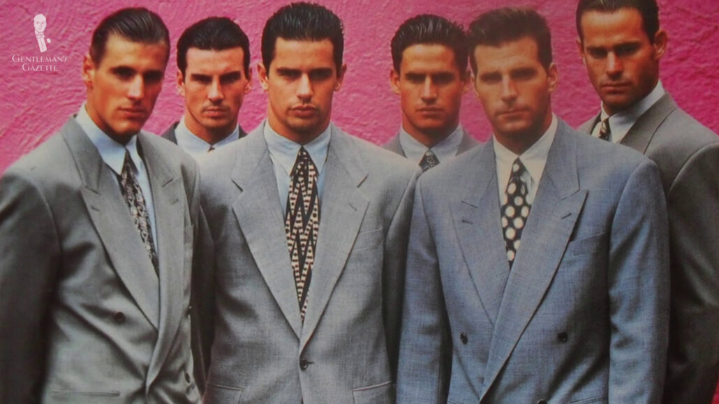 Oversized men's suits in the 1980s.