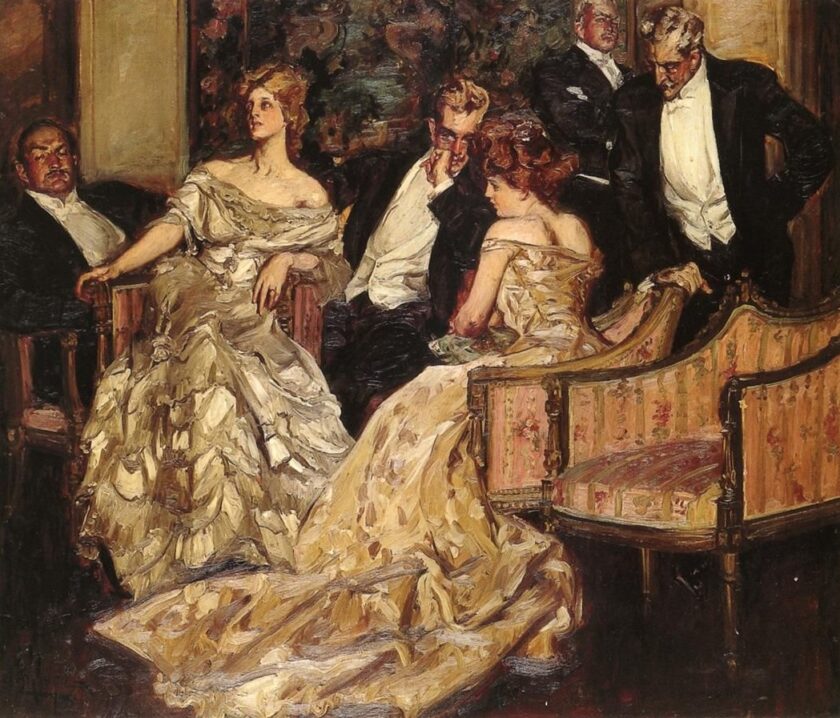 A painting of chatting men and women in evening dress