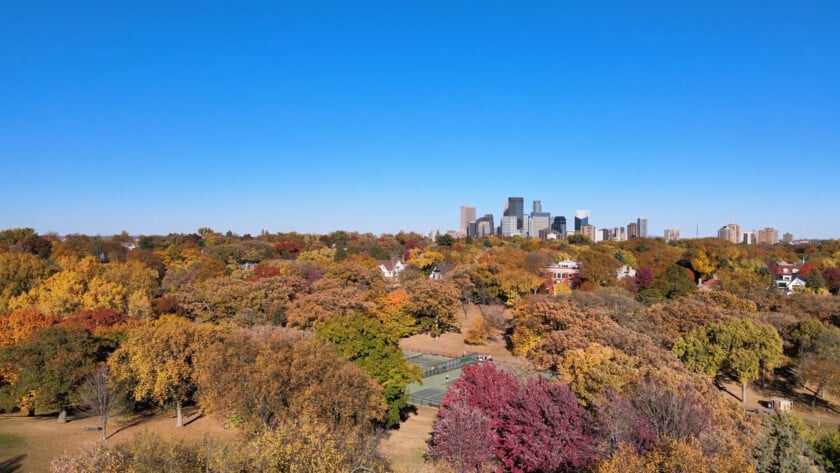 Fall In Minneapolis In October Drone shot of Minneapolis Skyline in the fall