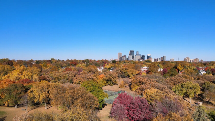 Drone shot of Minneapolis Skyline in the fall