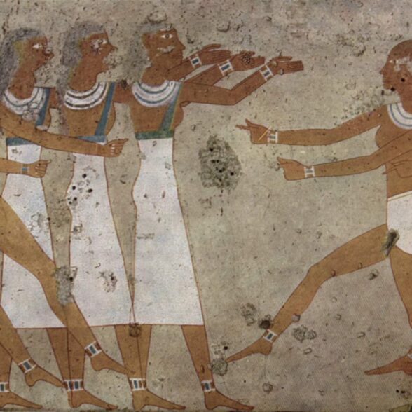 Egyptian wall painting showing figures in loincloths