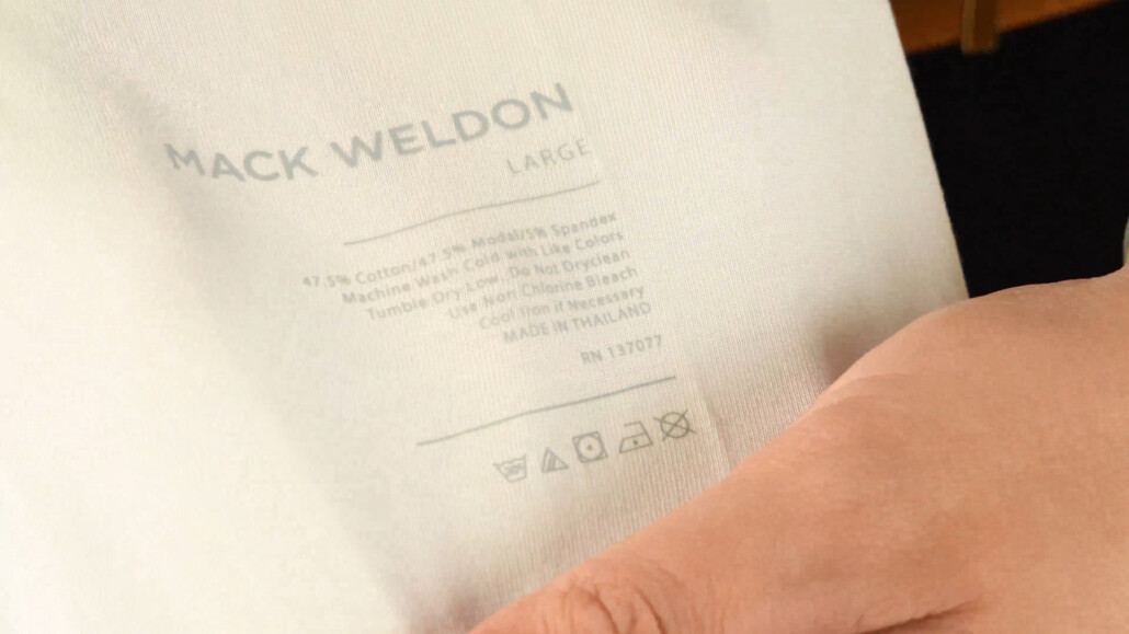 An inner label from a pair of Mack Weldon underwear, showing that the garment is made from a blend of cotton, Modal, and Spandex.