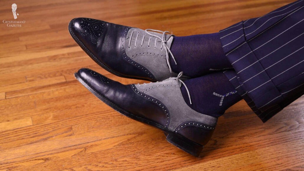 Raphael's unusual navy blue Oxfords from J. Fitzpatrick.