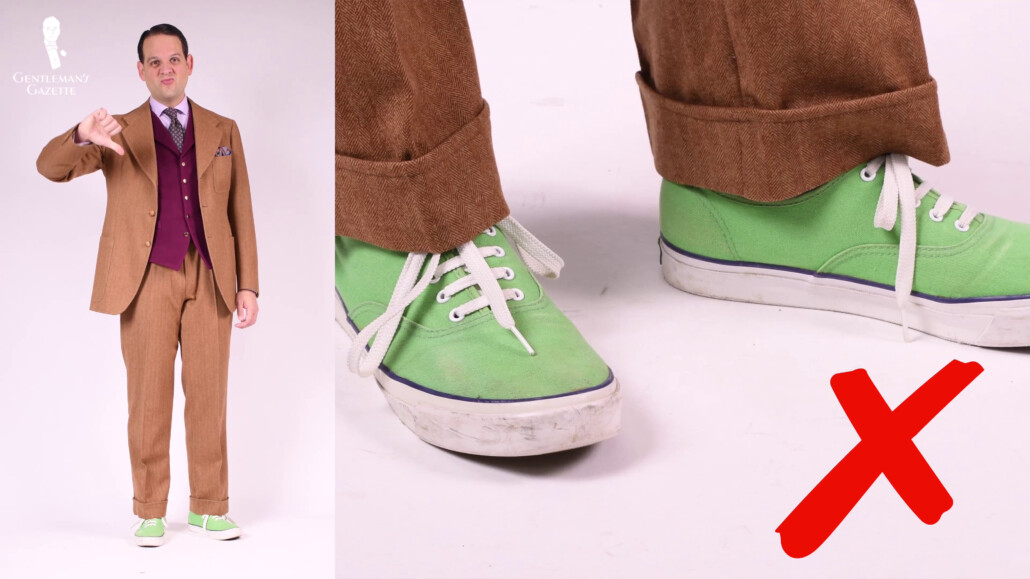 pastel green shoes with bright brown trousers