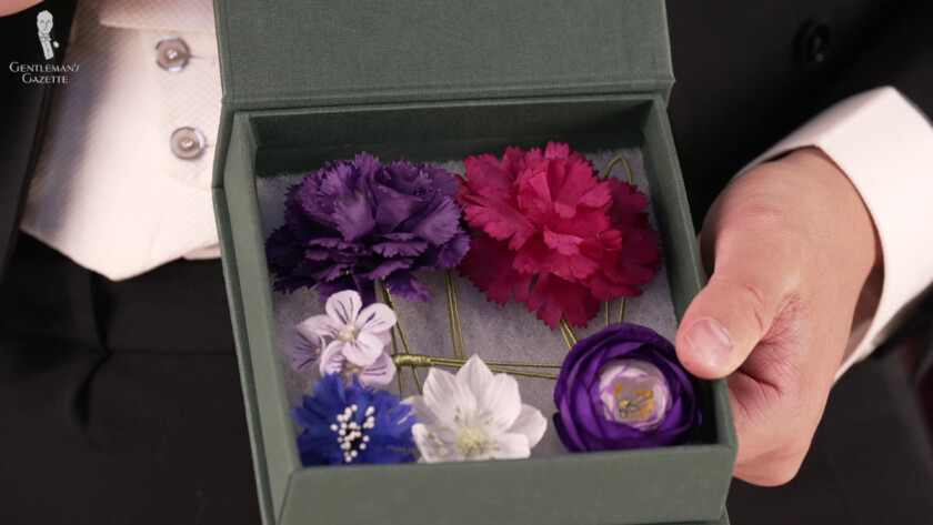 box of assorted boutonnieres