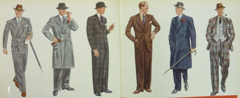 1930S Suits Overcoats Hats Brown Plaid Gray Gloves Fedora Bowler Walking Stick Illustration of 1930s outfits