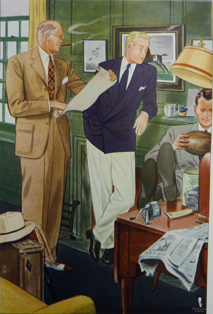 Collegiate Navy Sport Coat Football Young Men Illustration of three men, including two young men