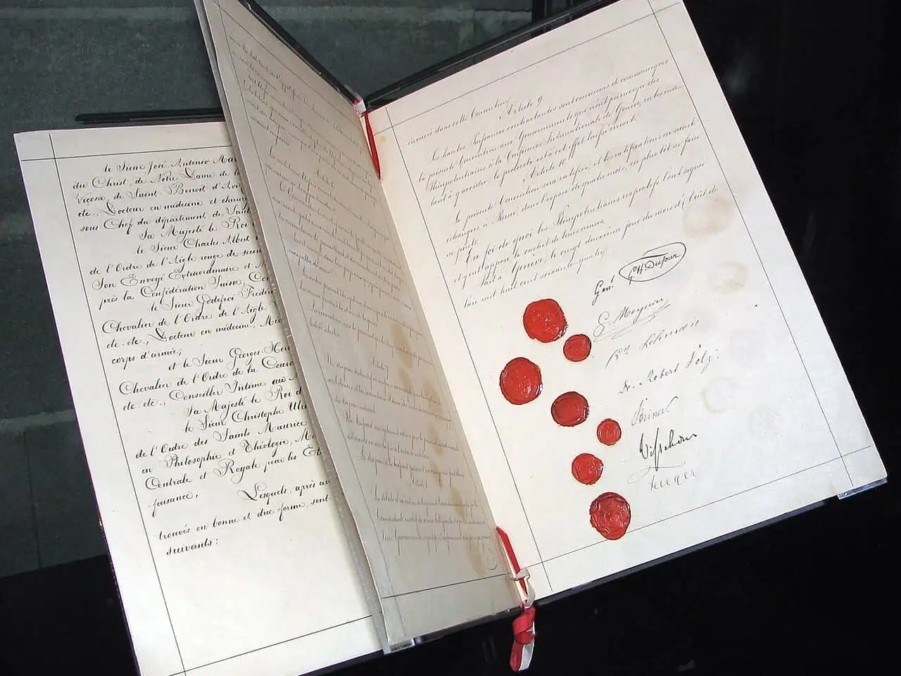 A facsimile of the signature-and-seals page of the 1864 Geneva Convention, that established humane rules of war.