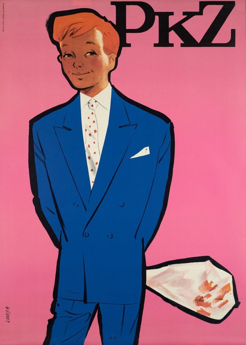 Pkz Advertisement 1957 Hans Looser Illustration of a young man in an ill-fitting suit