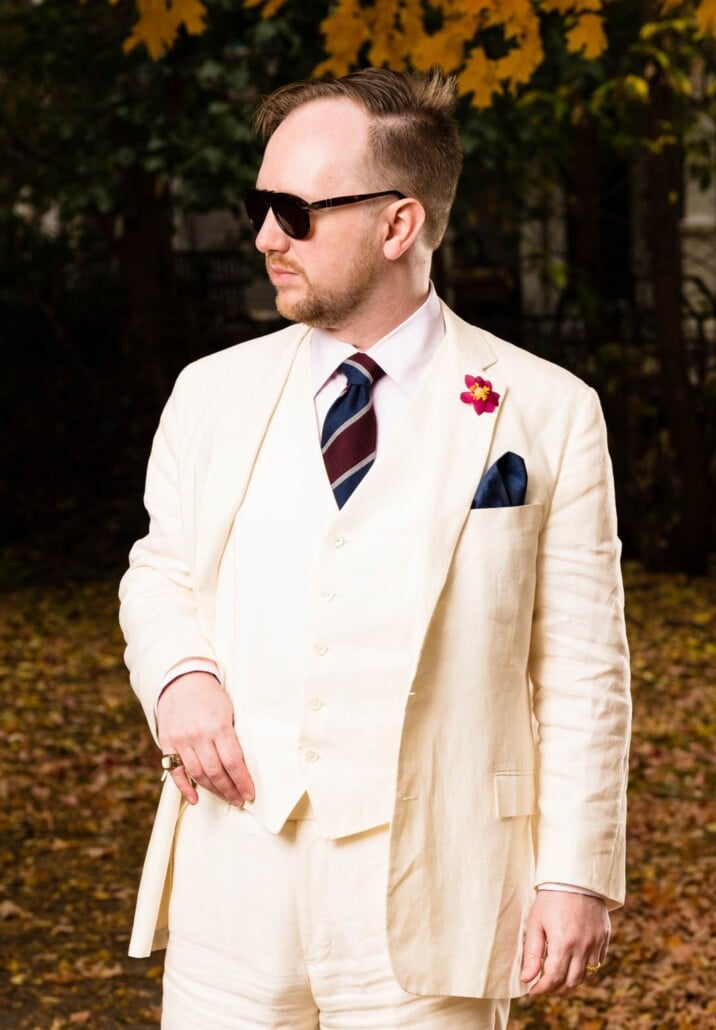Persol Sunglasses With White Linen Suit Photo of Persol sunglasses with white linen suit
