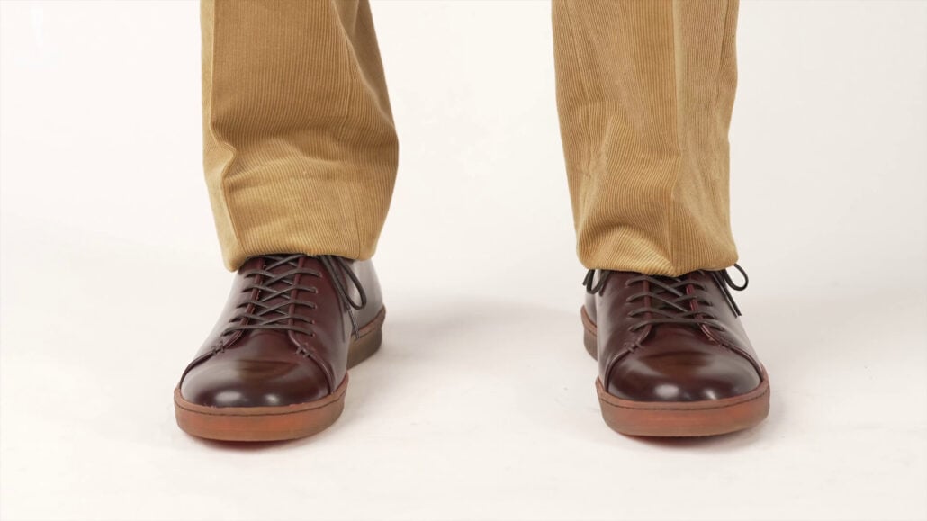 Preston prefers his shoes to be a cordovan dress sneakers classic in dark brown color.