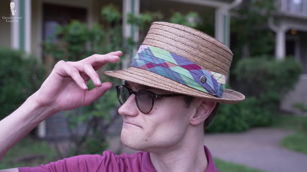 Preston wearing a pork pie hat in Madrigal Stetson Coconut.