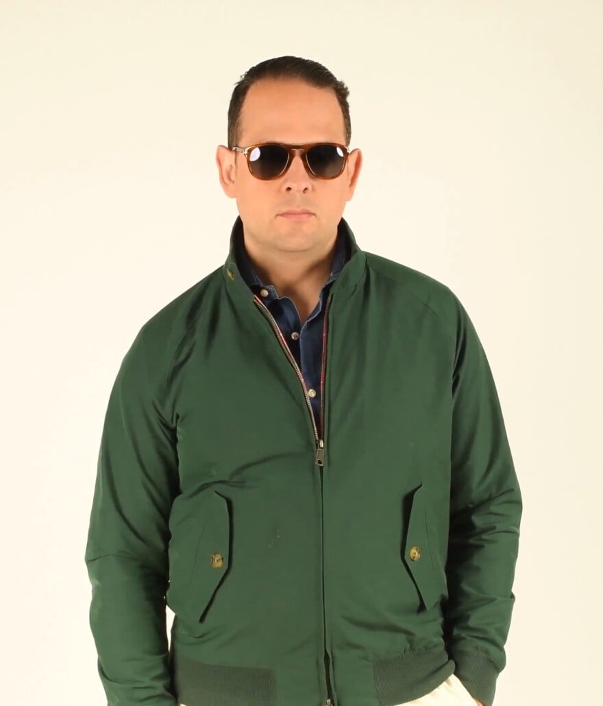 Photo of Raphael persol sunglasses denim shirt green Harrington jacket