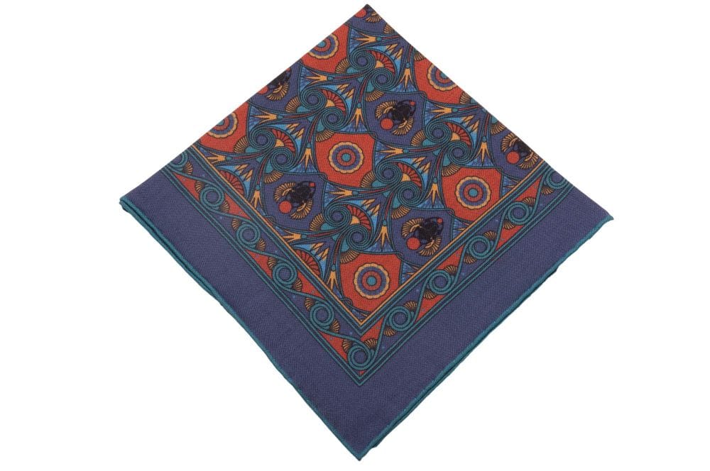 Sapphire Blue Pocket Square Art Deco Egyptian Scarab pattern in burnt orange, yellow, madder blue with teal contrast edge by Fort Belvedere