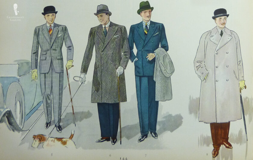 Illustration of Suits overcoats hats walking stick