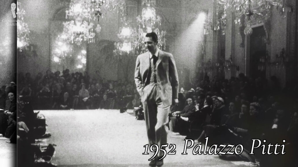 The very first global menswear catwalk show in 1952, in Palazzo Pitti.