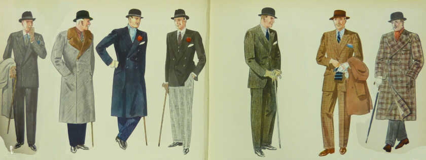 Illustration of Various suits overcoat from Apparel Arts fabric display patterns
