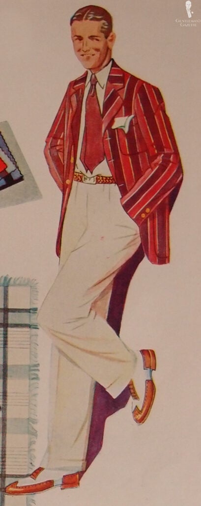 Young Man Rowing Blazer Woven Belt Spectator Shoes Bright Bold Illustration of a young man in a colorful rowing blazer