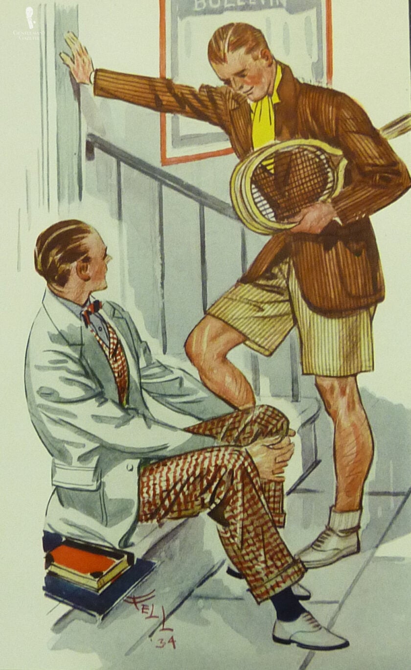 Young Men Bold Corduroy Colorful Pattern Bow Tie Scarf Tennis White Shoes Illustration of two young men in Classic tennis attire