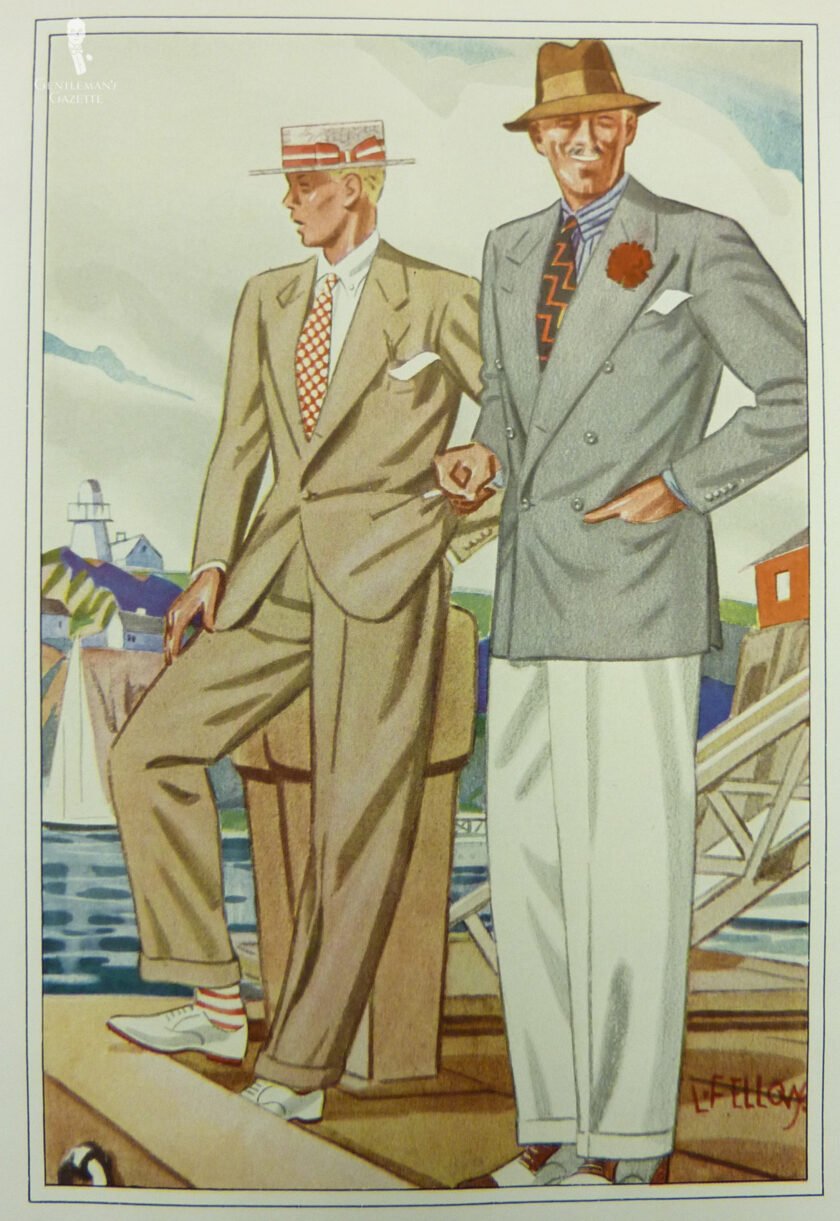 Younger Man And Older Man In Summer Suits Boater Tan Colorful Socks Ties Boutonnieres Illustration of a younger man and older man in summer suits