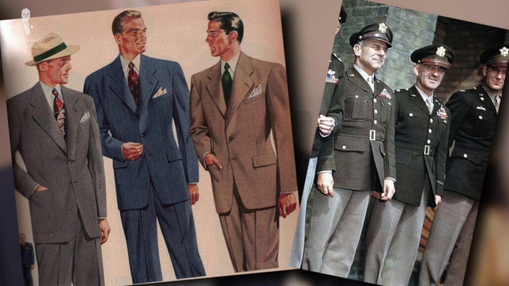 Side by side illustrations displaying the interplay between civilian and military Menswear