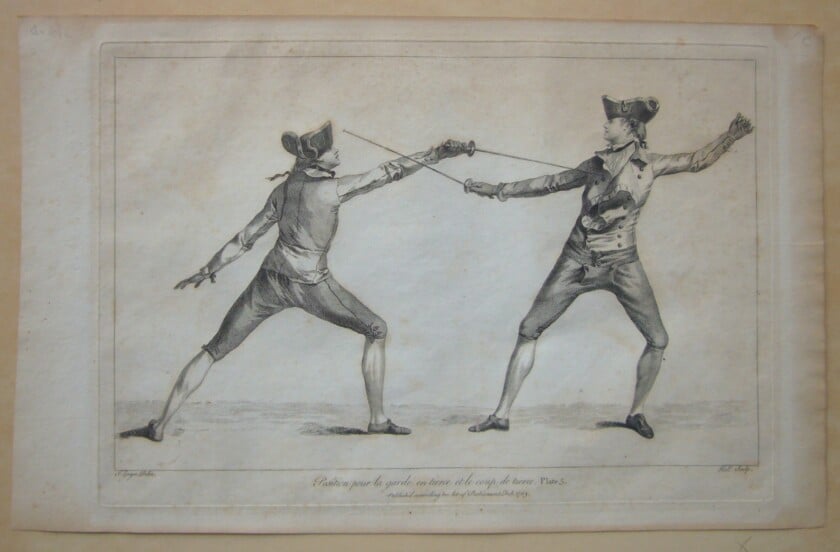 763 Fencing Print From Domenico Angelos Instruction Book Illustration of two men fencing