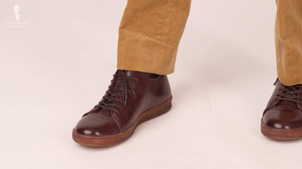 Cordovan sneakers are spot on for contemporary styling.