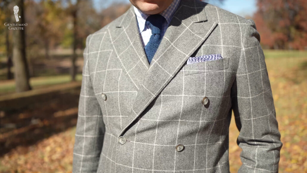 Double-breasted jackets with peaked lapels with automatically give you a broader shoulder.