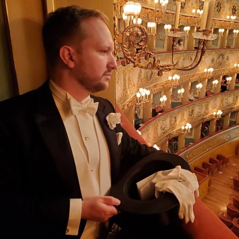Eb At The Opera Venice Italy La Fenice White Tie Photo of a man at the opera