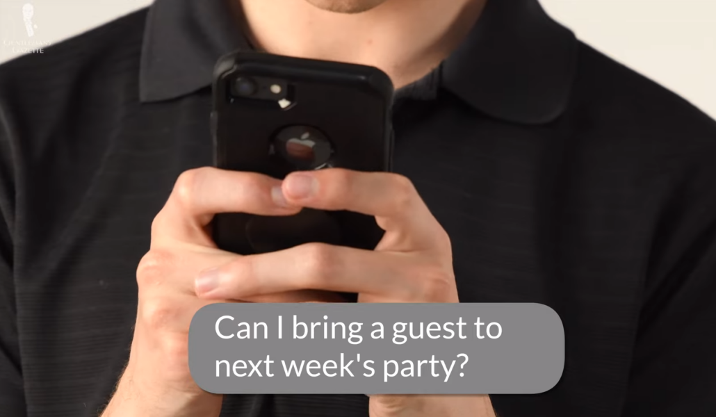 Preston sends a text message reading, "Can I bring a guest to next week's party?"