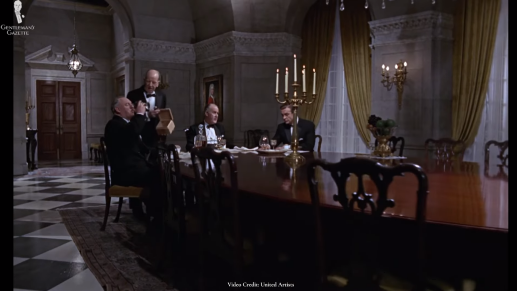 James Bond in a black tie suit dinner in the movie Goldfinger