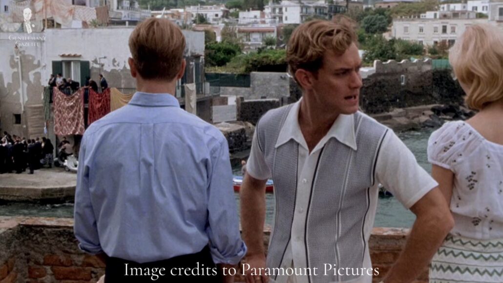Jude Law wearing a knitted polo shirt in the movie The Talented Mr. Ripley.
