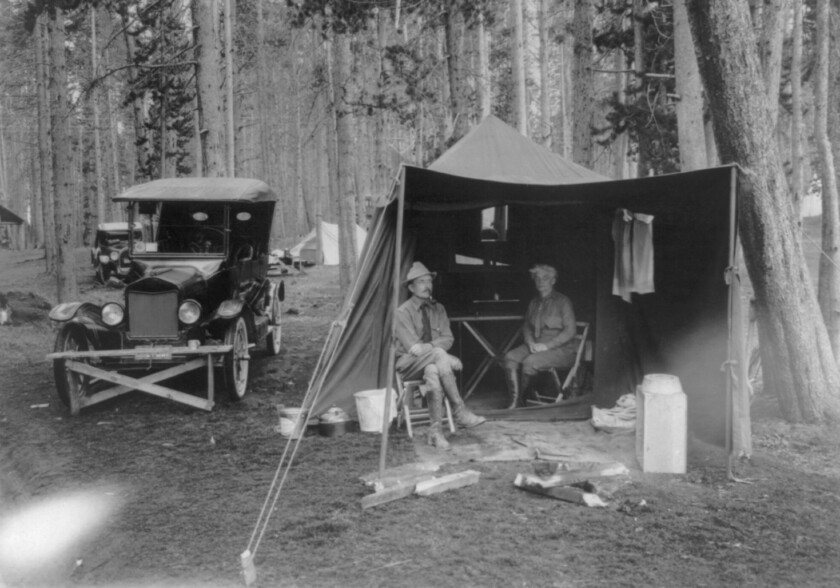 Black and white photo of two campers 